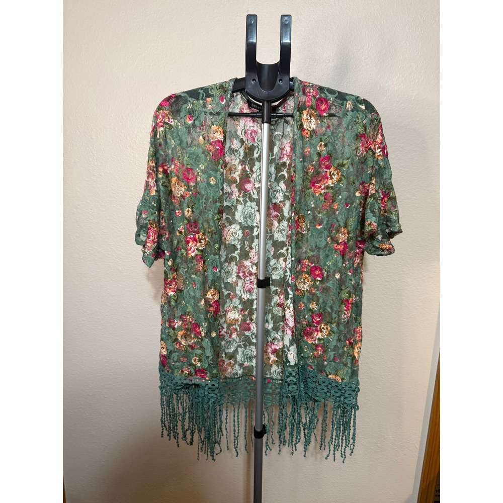 Sweet Rain Floral Lace Kimono Cardigan Green Pink Boho Fringe Trim XL